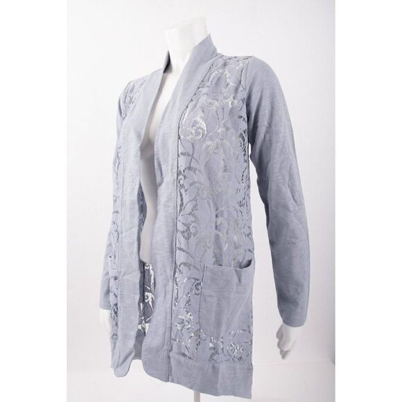 LOGO by Lori Goldstein Open Front Slub Cardigan w/ Lace Detail XXS Gray Shirt - Picture 4 of 5